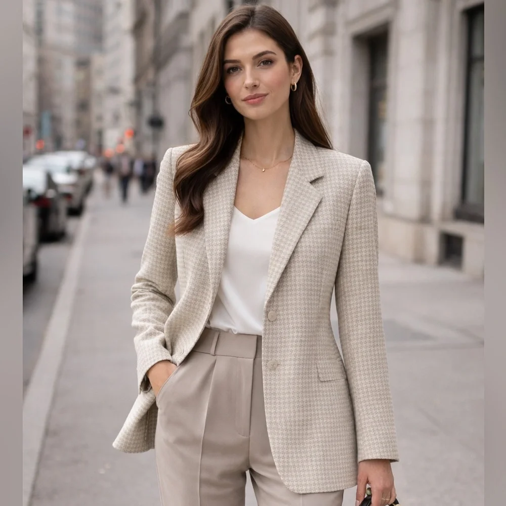 Tailleur Platinum by Barrie Pace Vintage 100% Wool Blazer Houndstooth Cream 16